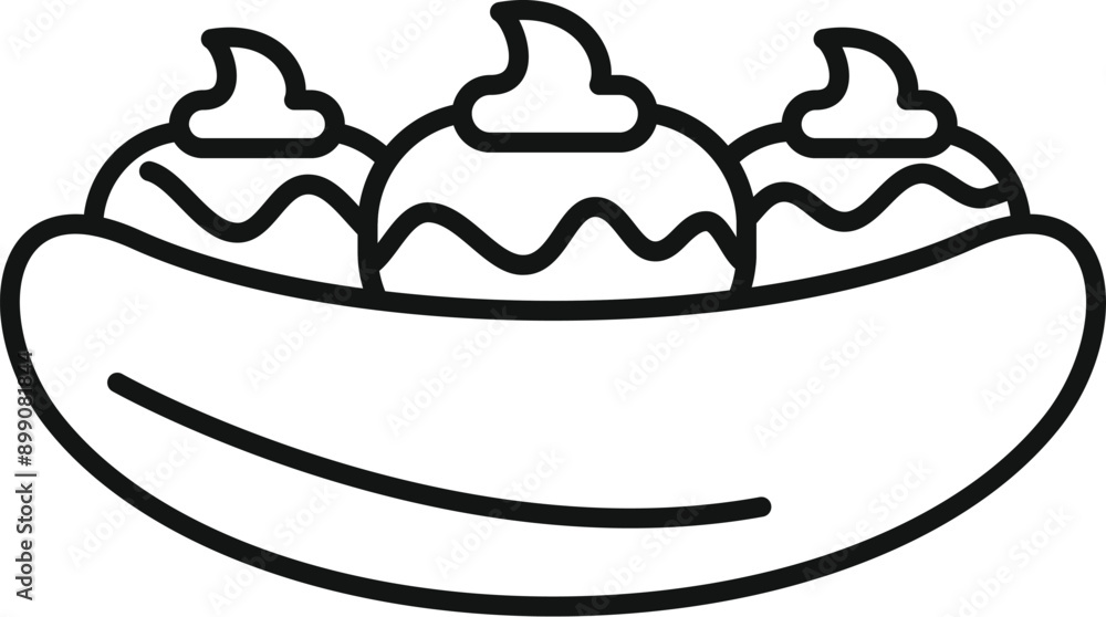 Poster simple line drawing of a banana split dessert with three scoops of ice cream covered in chocolate sa