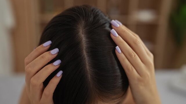 Woman touching her scalp with perfectly manicured nails in an indoor spa setting indicating beauty and wellness focus for adult females.