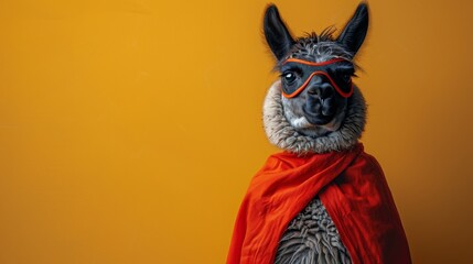 Llama wearing a superhero costume and goggles is posing on a yellow background