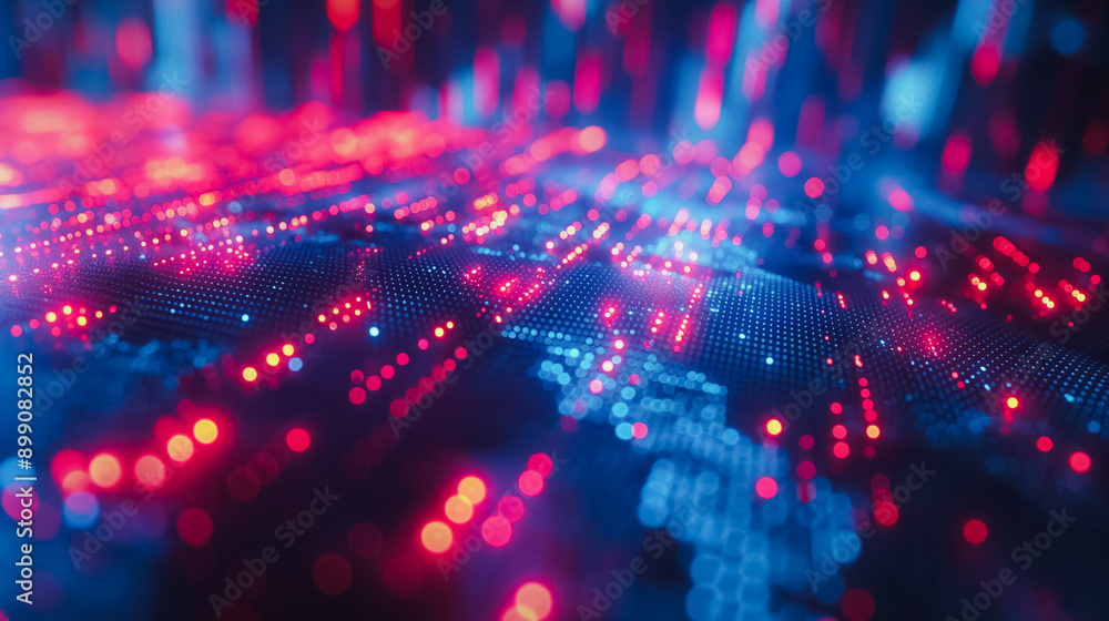 Poster a computer screen with a blue background and red and blue dots