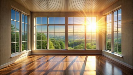 Room with sunlight streaming in through a large window in the morning , sunlit, cozy, interior, home, peaceful, tranquil, fresh
