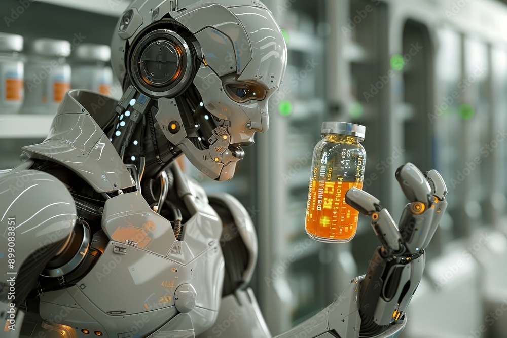 Aufkleber robot examining a digital pill in a high tech lab perfect for advanced healthcare and technology the