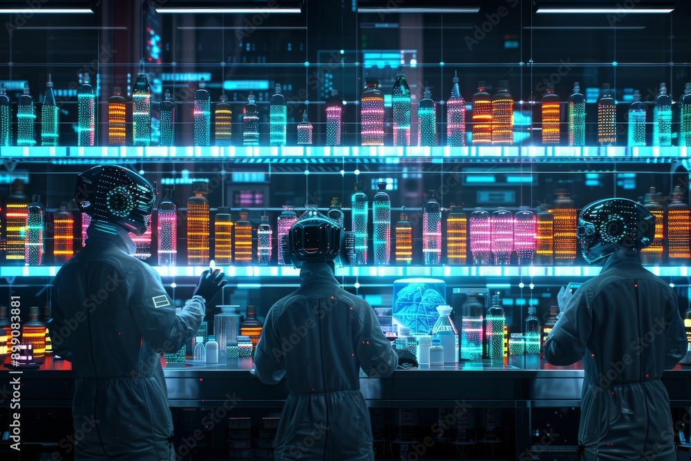 Poster scientists working in a high tech lab with digital displays perfect for advanced research and futuri