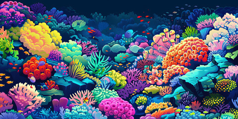 vibrant and colorful illustration of an underwater coral reef, filled with various types of corals, generative AI