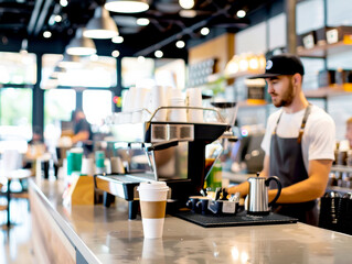 A barista prepares coffee at a modern cafe with a stylish interior and bustling atmosphere, showcasing coffee culture and craft.