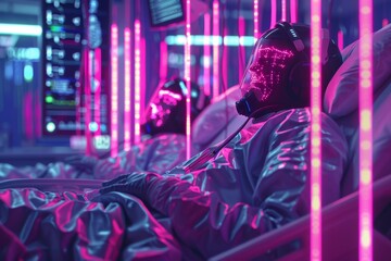 Obraz premium Futuristic medical robot in a neon lit hospital bed perfect for advanced healthcare and high tech themes showcasing modern technology and innovative design