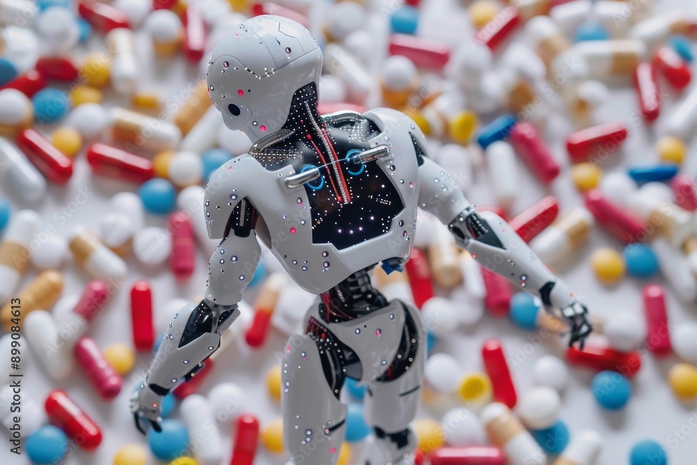 Poster robot in a futuristic lab surrounded by colorful pills perfect for advanced healthcare and technolog