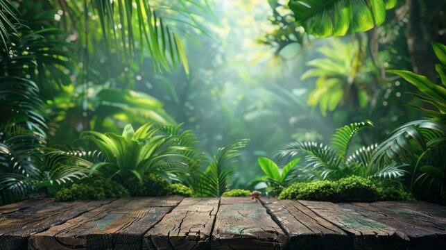 Fototapeta Tabletop scene with lush green amazon jungle plants and leaves in the background