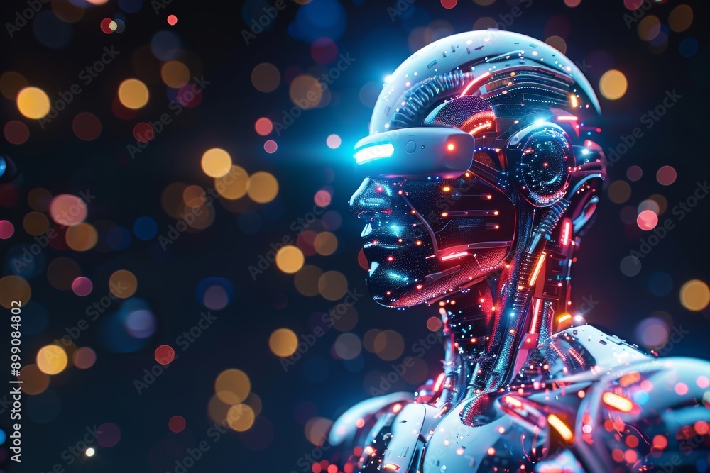 Poster futuristic robot head with neon lights and digital particles perfect for advanced technology and sci