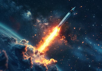 Space Launch:  A powerful rocket blasts off into the vast expanse of space, leaving a fiery trail as it breaks through the clouds and into the cosmos.  The scene is filled with a sense of awe and wond