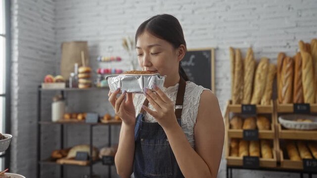 Asian woman in an apron holds and smells freshly baked bread inside a cozy bakery, surrounded by various loaves and pastries on shelves.
