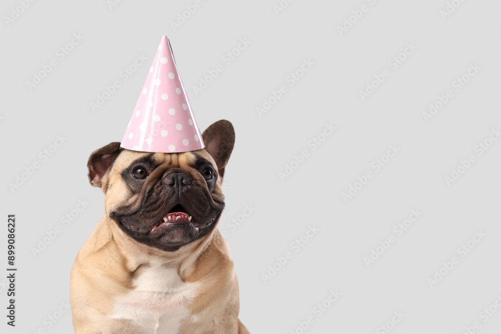 Wall mural cute french bulldog in party hat on grey background