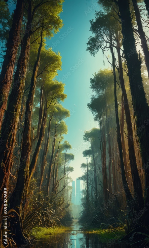 Poster sunlit path through a lush forest.