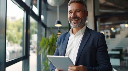 Fototapeta premium Happy middle aged business man ceo wearing suit standing in office using digital tablet. Smiling mature businessman professional executive manager looking away thinking working - generative ai