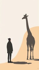 A person stands with the shadow of giraffe on coloured background. Generative ai.