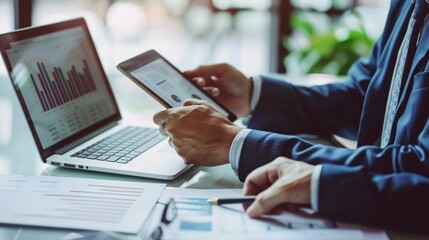 Two diverse business men discussing financial market data using laptop and digital tablet. Financial advisor broker manager consulting investor client about digital investment - generative ai