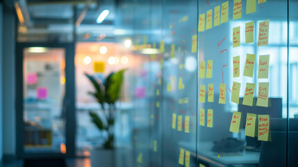Fototapeta premium Bright Office Environment With Colorful Sticky Notes on Glass Walls During Collaborative Team Planning Session
