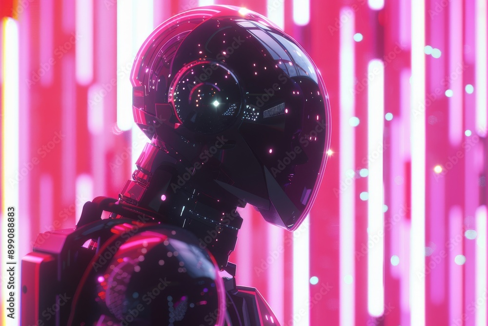 Poster neon lit robot head in a futuristic environment perfect for advanced technology and sci fi themes sh