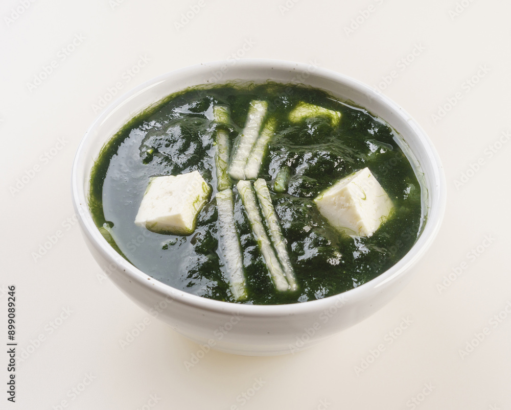 Canvas Prints Close-up of Maesaengi(seaweed fulvescens) soup with tofu and radish on a bowl, South Korea
