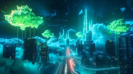 futuristic cityscape with neon green trees and pink clouds, holographic colours, a road leading to its feet with buildings on both sides of the street in a cyberpunk aesthetic style