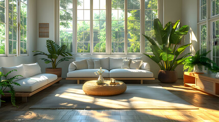 Sunlit Living Room with White Sofa and Green Plants - 3D Illustration