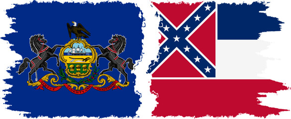 Mississippi and Pennsylvania states grunge brush flags connection, vector