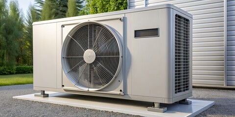 Close-up of an air source heat pump unit, eco-friendly, energy-efficient, heating system, renewable energy