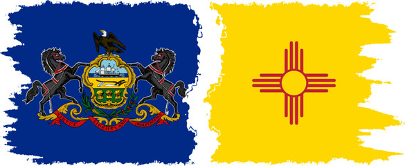 New Mexico and Pennsylvania states grunge brush flags connection, vector
