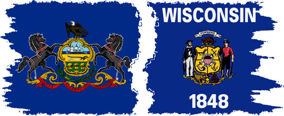 Wisconsin and Pennsylvania states grunge brush flags connection, vector