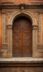 Obraz premium Ornate Carved Wooden Doors with Stone Archway.