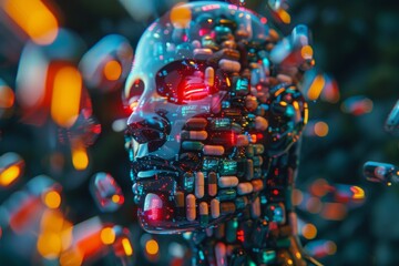Obraz premium Digital skull with neon lights perfect for advanced technology and sci fi themes showcasing modern design and intricate details