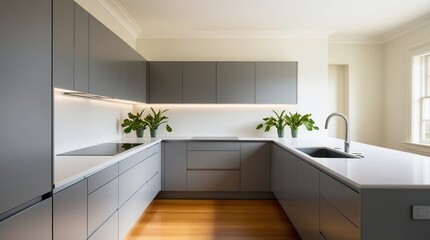 A sleek, modern kitchen embodies a minimalist concept, featuring a harmonious blend of soothing gray tones and creamy whites