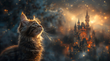A cat looks up at a castle in the moonlit night.
