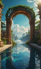 Ancient Archway Leading to a Misty Mountain Landscape with a Reflecting Pool.