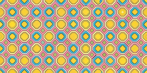 Close-up view of repeating octagon and square pattern in yellow, blue, and pink , geometric, colorful, vibrant