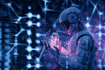 Fototapeta premium Cybernetic robot examining glowing digital connections highlighting AI advancements cybernetic technology and futuristic network systems in a high tech environment