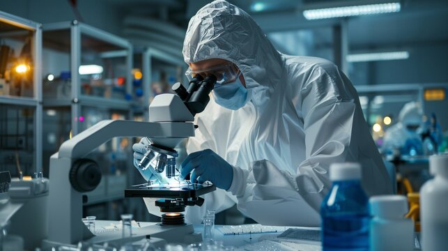 10. A senior engineer in a cleanroom environment, inspecting semiconductor wafers under a microscope. The engineer is dressed in a full-body cleanroom suit, focusing intently on the delicate task.
