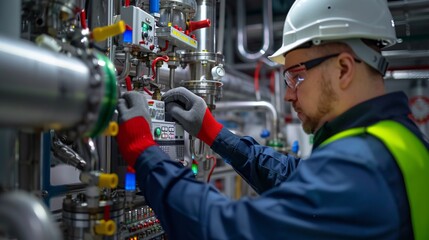 20. A senior engineer in a chemical plant, overseeing the operation of a distillation column. The engineer is wearing a hard hat, safety glasses, and gloves, checking readings on a control panel. The