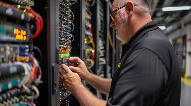 19. A senior engineer in a telecommunications facility, inspecting network equipment. The engineer is using a handheld device to test connections, wearing business casual attire, and talking to a