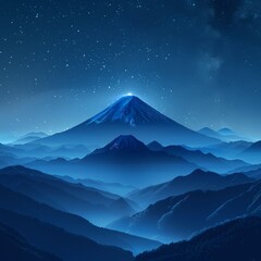Fototapeta premium Majestic mount fuji is looming over a mountain range under a starry night sky with a beautiful blue color palette