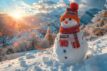Obraz premium Beautiful Snowman in the Mountains, Winter Landscape, Pine Forest on Hills, Snow-Covered Pines, Sunset, Beautiful Sky, High Resolution Photography, Professional Color Grading, Soft Shadows, No Contras