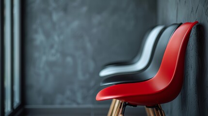 Row of red, black, and white chairs in an empty room with a concrete wall, creating a modern, minimalist atmosphere, hinting at a meeting or interview soon