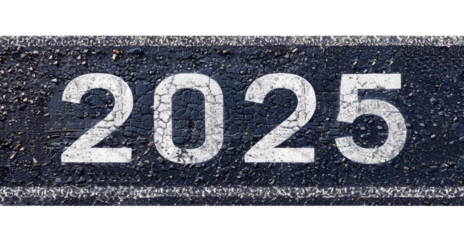 Number of new year 2025 written on the asphalt road, top view, isolated on transparent background