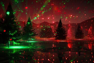 Obraz premium Abstract Christmas landscape with red and green holographic lights