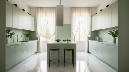 A serene kitchen room exudes a sense of harmony and comfort, epitomizing the minimalist concept through a soothing palette of muted green and crisp white hues