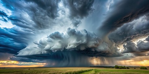 Ominous sky with huge thunder clouds and rain , Monotone, blues, storm, clouds, weather, ominous, dark, gloomy