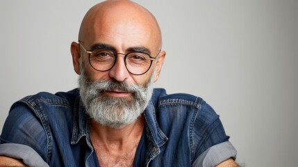 Fototapeta premium Portrait of a confident bald man with glasses and a beard wearing a denim shirt, smiling at the camera against a gray background.