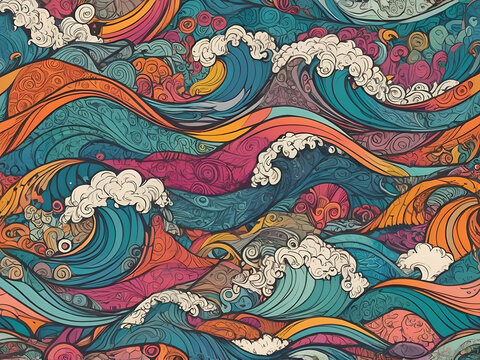 abstract fantasy Cartoon hand drawn sewing doodle Colorful detailed waves pattern
