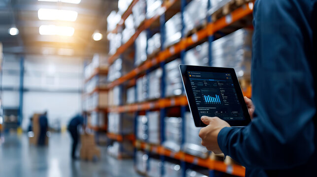 Warehouse worker using tablet to manage inventory and operations in a large distribution center. Industrial storage management concept.