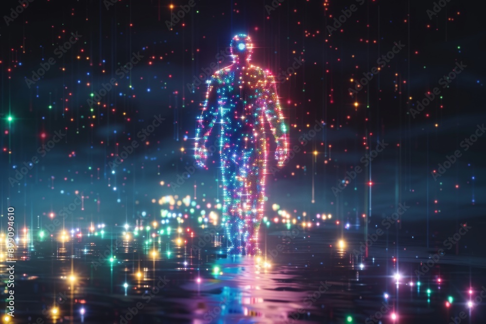 Poster digital holographic human figure in a high tech environment representing ai integration cybernetic a